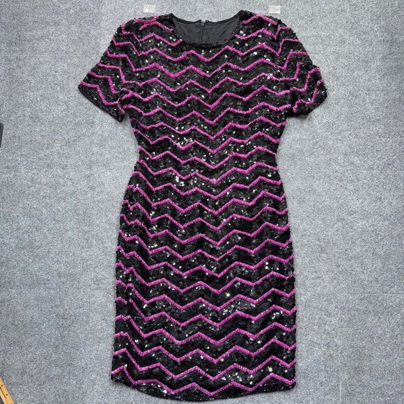 VTG 80s Glam Joan Leslie Black Silk Pink Chevron Sequin Dress Cocktail Size S? - Picture 13 of 15